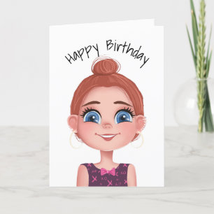 Cartoon Birthday Girl With Big Eyes Card