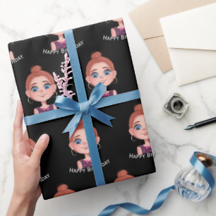Cartoon Birthday Girl with Big Eyes  Wrapping Paper