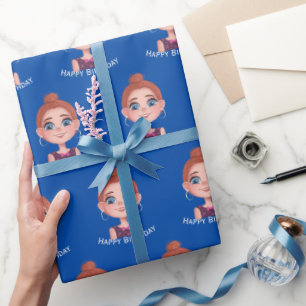 Cartoon Birthday Girl with Big Eyes Wrapping Paper
