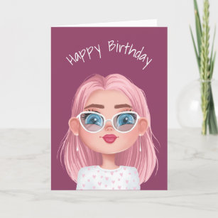 Cartoon Birthday Girl With Cat-Eye Glasses Card