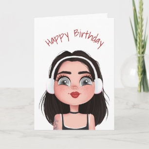 Cartoon Birthday Girl With Headphones  Card