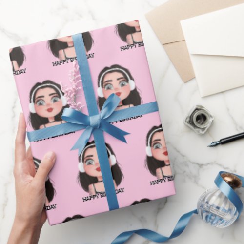 Cartoon Birthday Girl with Headphones Wrapping Paper