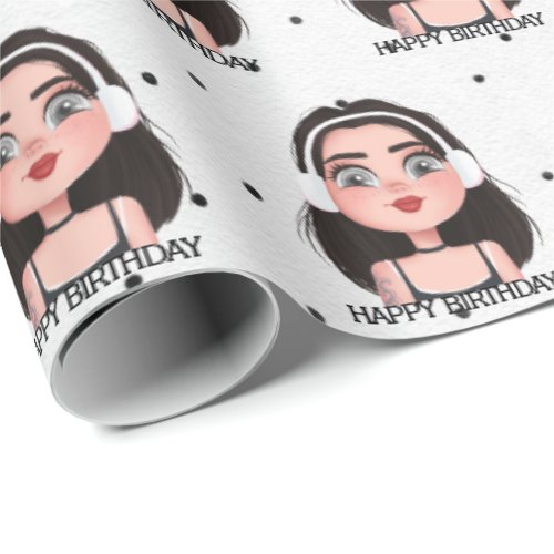 Cartoon Birthday Girl with Headphones  Wrapping Paper