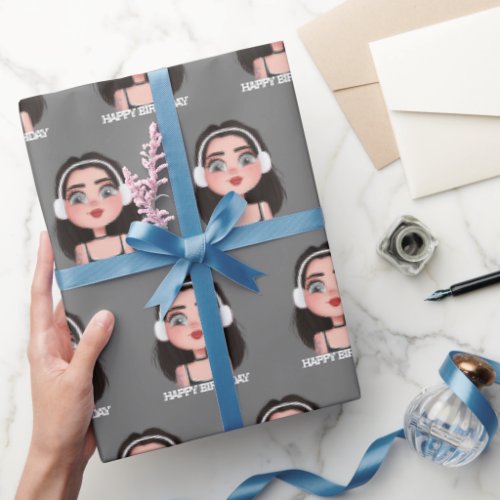 Cartoon Birthday Girl with Headphones Wrapping Paper