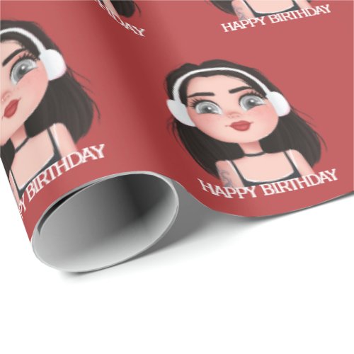 Cartoon Birthday Girl with Headphones  Wrapping Paper