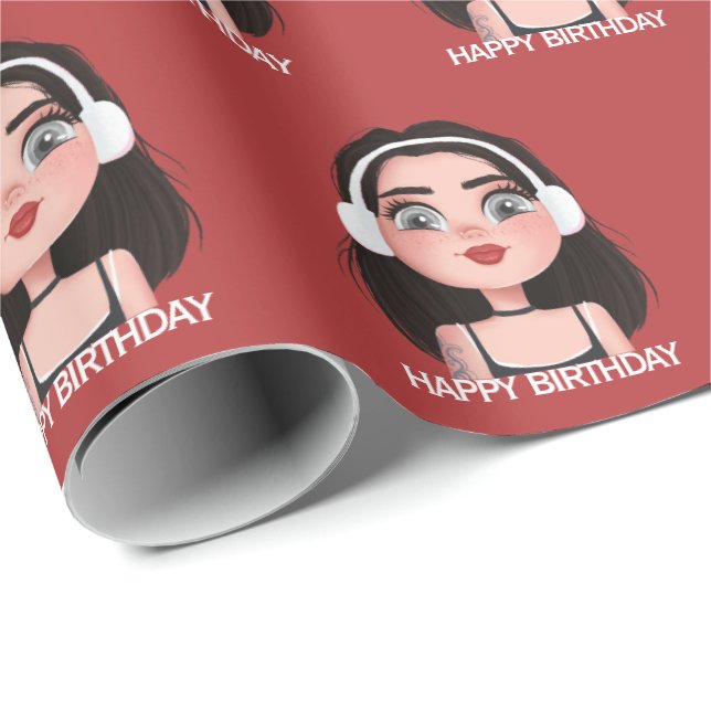 Cartoon Birthday Girl with Headphones  Wrapping Paper (Roll Corner)