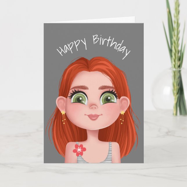 Cartoon Birthday Redhead Girl On Gray  Card (Front)