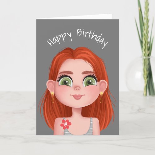 Cartoon Birthday Redhead Girl On Gray  Card