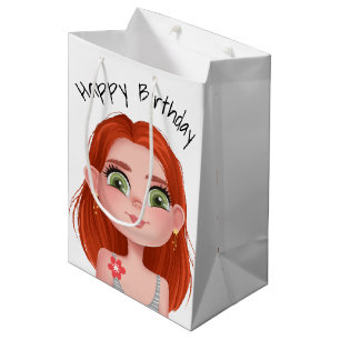 Cartoon Birthday Redhead Girl On White Medium Gift Bag