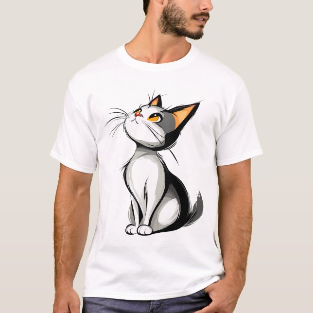 Cartoon Black and White Cat Sitting Illustration T-Shirt (Front)
