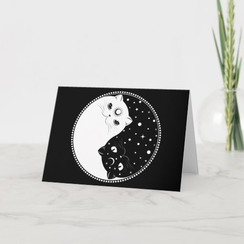 Cartoon black and white cats yin yang sign card