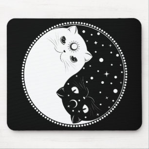 Cartoon black and white cats, yin yang sign mouse pad