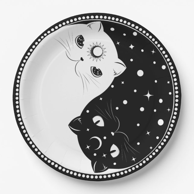 Cartoon black and white cats, yin yang sign paper plates (Front)