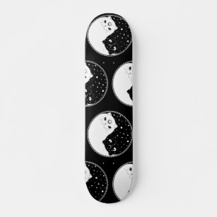 Cartoon black and white cats, yin yang sign skateboard
