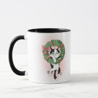 Cartoon Black and White Christmas Wreath Cat  Mug