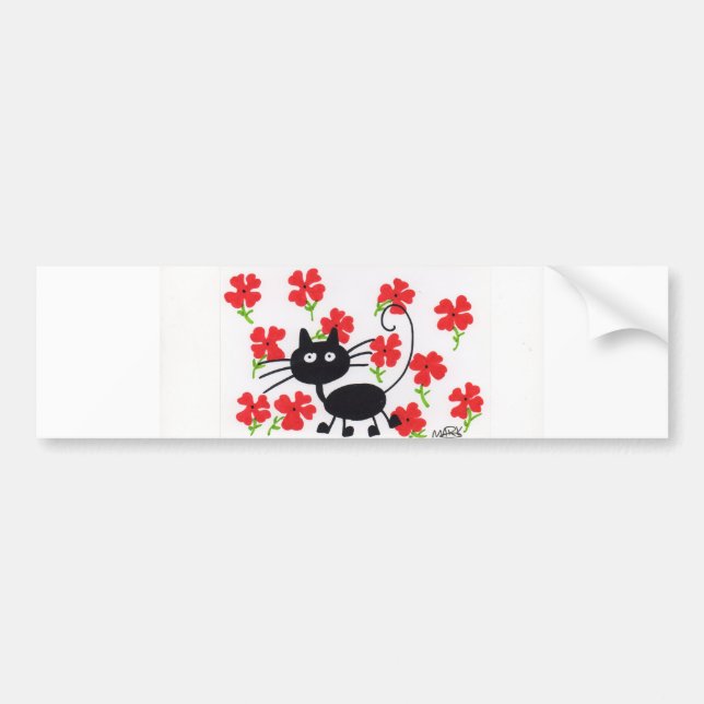 Cartoon Black Cat and red flowers Bumper Sticker (Front)