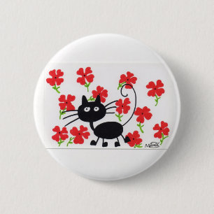 Cartoon Black Cat and red flowers Pinback Button