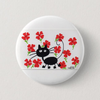Cartoon Black Cat and red flowers Pinback Button