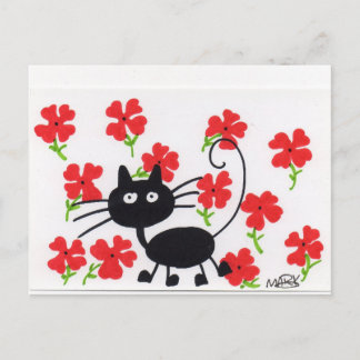 Cartoon Black Cat and red flowers Postcard