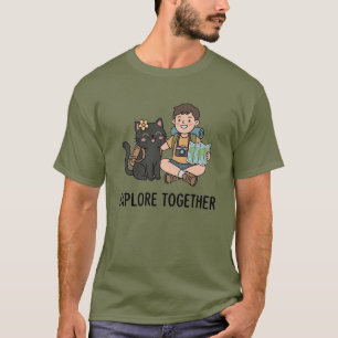 Cartoon Black Cat Boy Adventure Map Floral Details T-Shirt