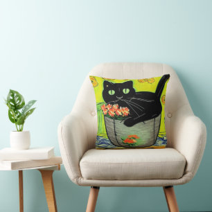 Cartoon Black Cat in Pot Throw Pillow