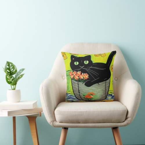 Cartoon Black Cat in Pot Throw Pillow
