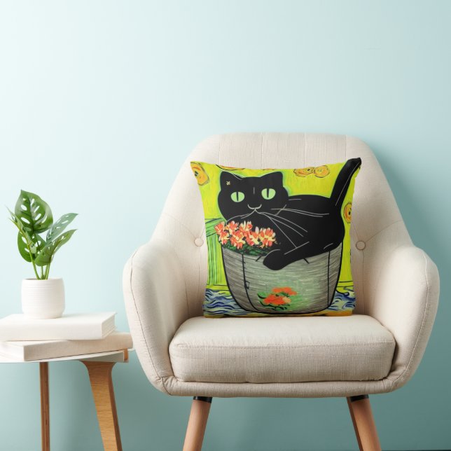 Cartoon Black Cat in Pot Throw Pillow (Chair)