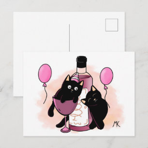 Cartoon black Cats party with Balloons and Wine Holiday Postcard