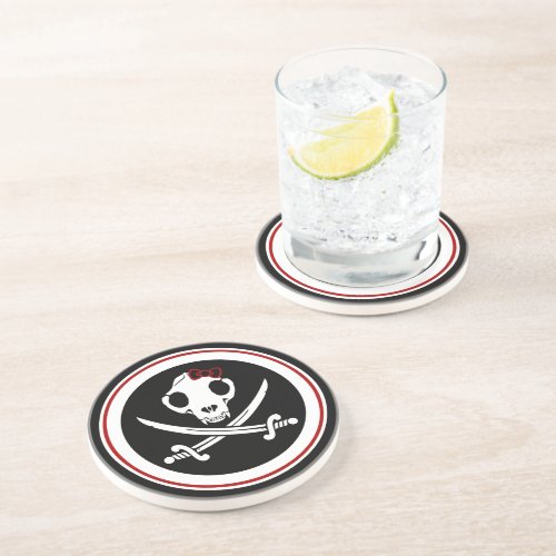 Cartoon Black White Jolly Kitty Pirate Skull Bones Coaster