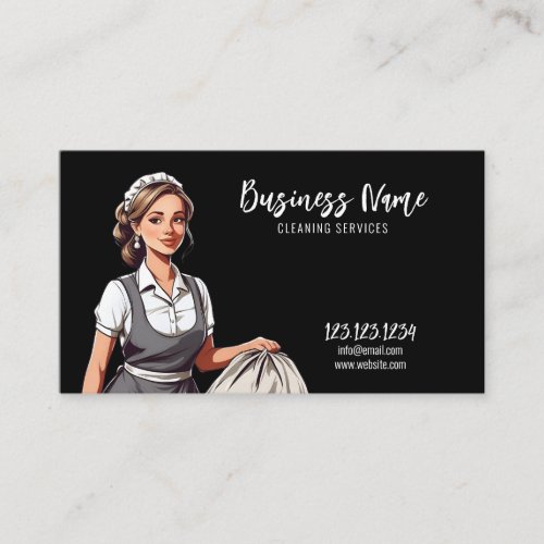 Cartoon Black  White Maid Home Cleaning Service Business Card