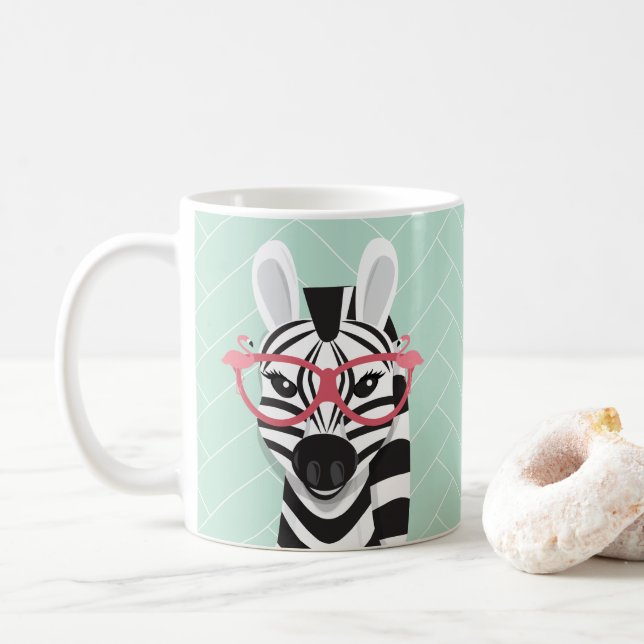 Cartoon Black White Zebra Pink Flamingo Sunglasses Coffee Mug (With Donut)