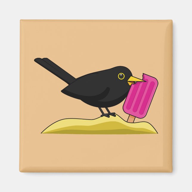 Cartoon Blackbird Eating A Ice Cream Magnet (Front)