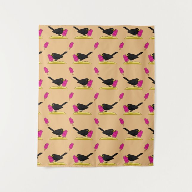 Cartoon Blackbird Eating A Ice Cream Pattern Tapestry (Front)