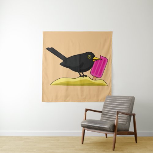 Cartoon Blackbird Eating A Ice Cream Tapestry