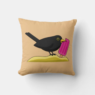 Cartoon Blackbird Eating A Ice Cream Throw Pillow
