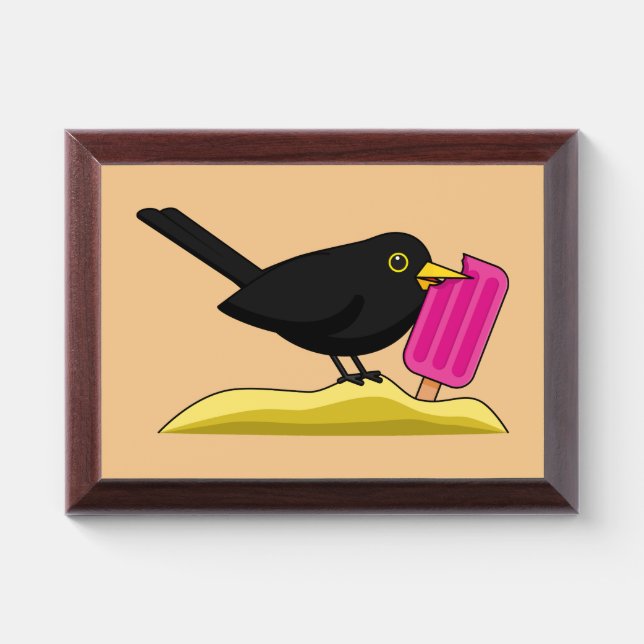 Cartoon Blackbird Eating An Ice Cream Award Plaque (Horizontal)