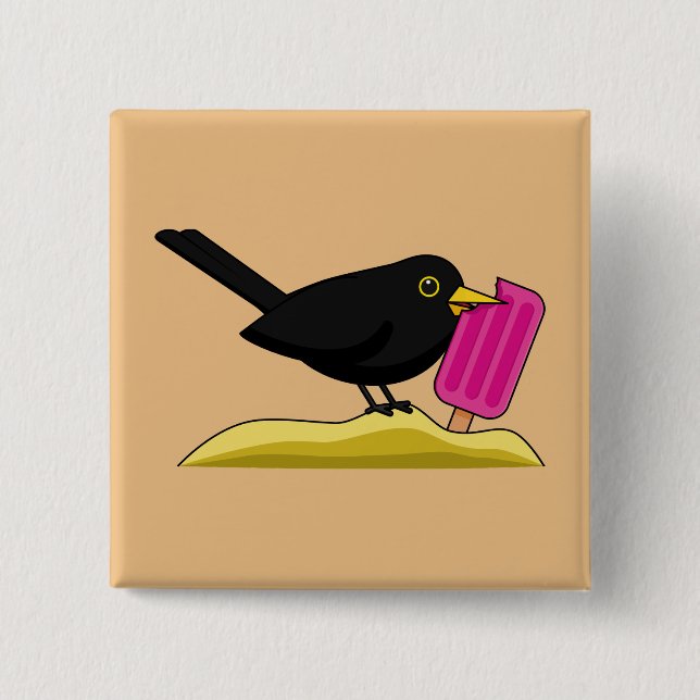 Cartoon Blackbird Eating An Ice Cream Button (Front)
