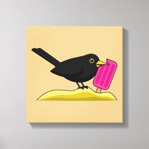 Cartoon Blackbird Eating An Ice Cream Canvas Print