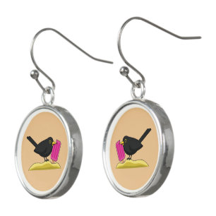 Cartoon Blackbird Eating An Ice Cream Earrings