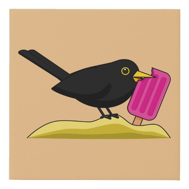 Cartoon Blackbird Eating An Ice Cream Faux Canvas Print (Front)