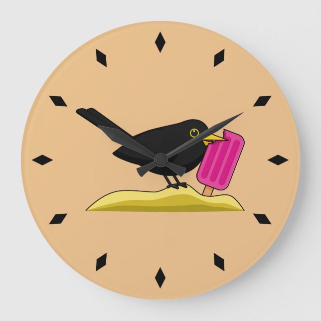 Cartoon Blackbird Eating An Ice Cream Large Clock (Front)