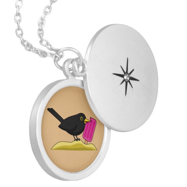Cartoon Blackbird Eating An Ice Cream Locket Necklace (Front Left)