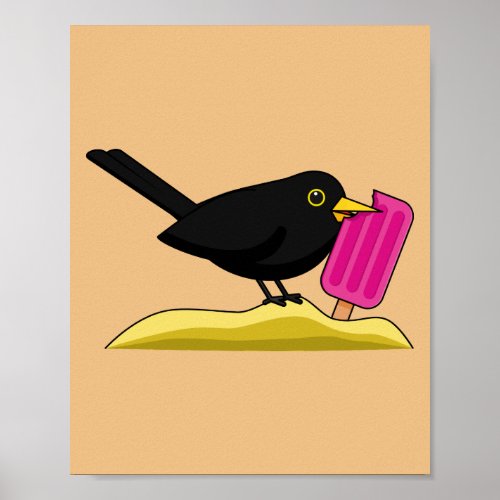 Cartoon Blackbird Eating An Ice Cream Poster