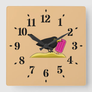 Cartoon Blackbird Eating An Ice Cream Square Wall Clock