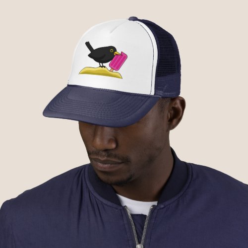 Cartoon Blackbird Eating An Ice Cream Trucker Hat