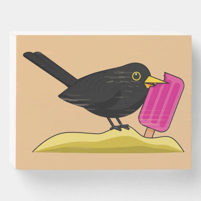 Cartoon Blackbird Eating An Ice Cream Wooden Box Sign (Front Horizontal)