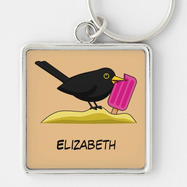 Cartoon Blackbird Eating Ice Cream | Add Your Name Keychain (Front)