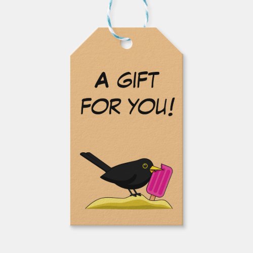 Cartoon Blackbird Eating Ice Cream  Add Your Text Gift Tags