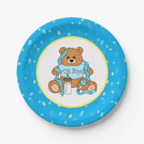 Cartoon blue and yellow Teddy Bear Baby Shower Pap Paper Plates
