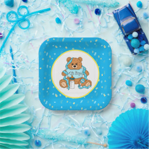 Cartoon blue and yellow Teddy Bear Baby Shower Paper Plates
